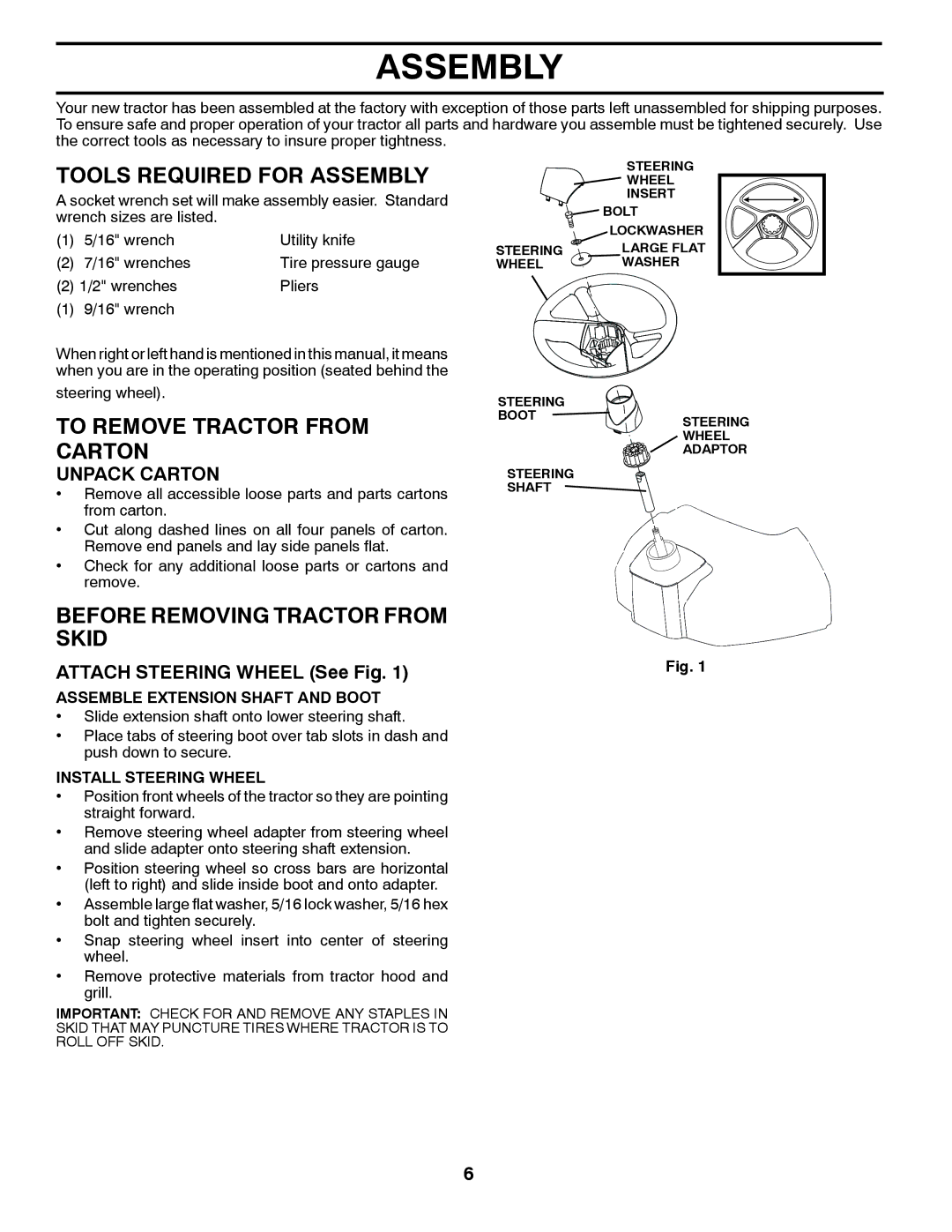 McCulloch M19542H manual Tools Required for Assembly, To Remove Tractor from Carton, Before Removing Tractor from Skid 