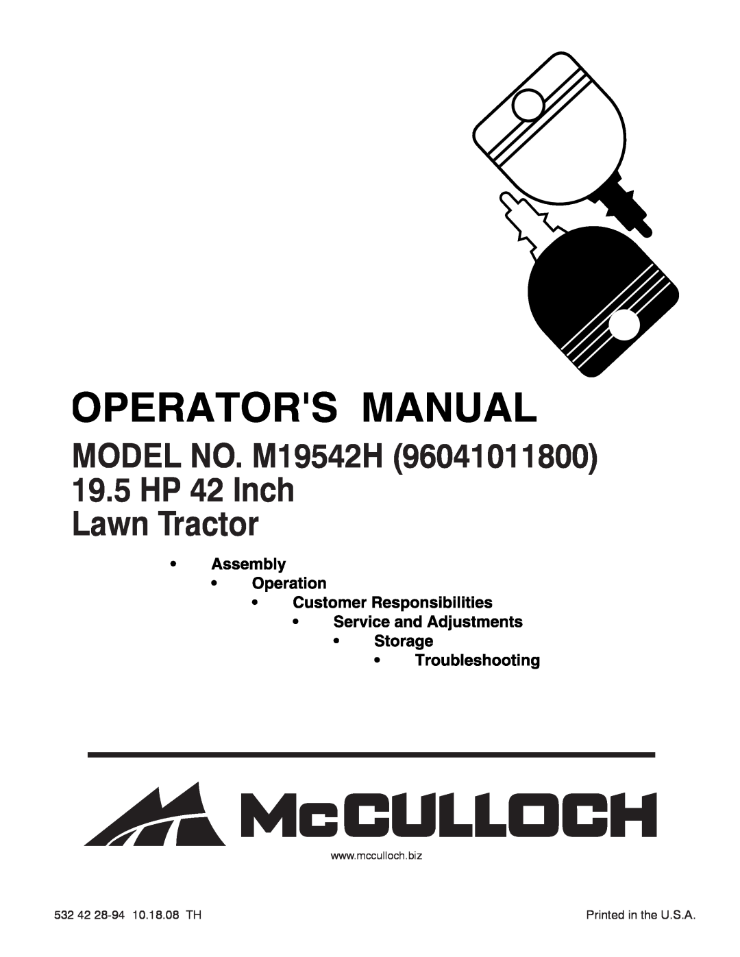 McCulloch manual MODEL NO. M19542H 19.5HP 42 Inch Lawn Tractor, 532 42 28-9410.18.08 TH 