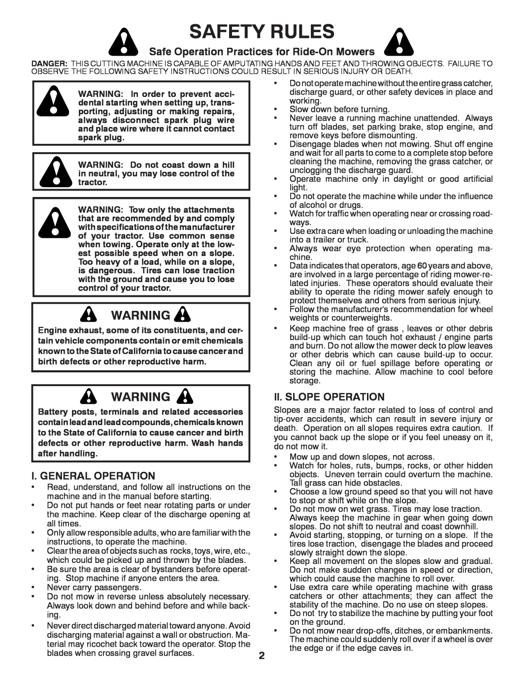 McCulloch M19542H Safety Rules, Safe Operation Practices for Ride-OnMowers, I. General Operation, Ii. Slope Operation 