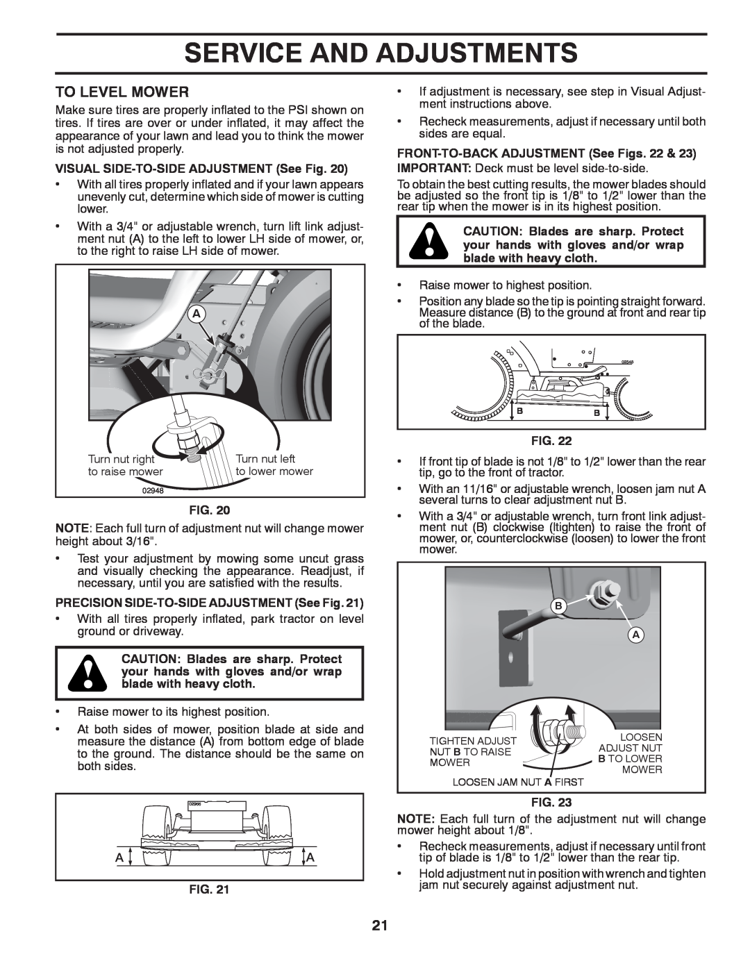 McCulloch M19542H manual To Level Mower, Service And Adjustments, VISUAL SIDE-TO-SIDEADJUSTMENT See Fig 