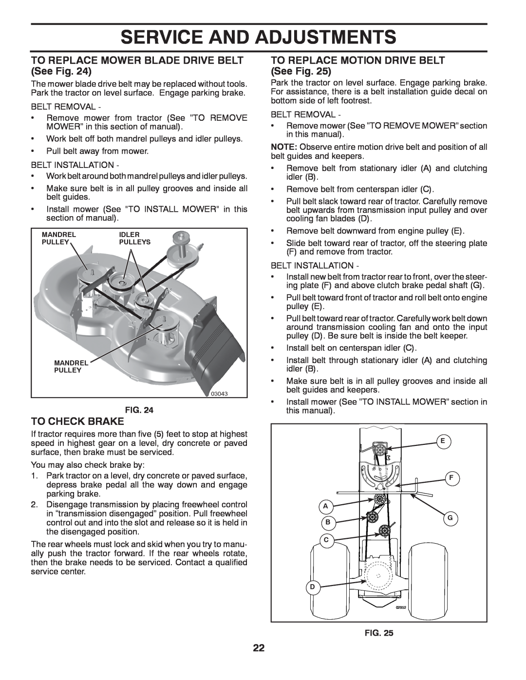 McCulloch M19542H manual TO REPLACE MOWER BLADE DRIVE BELT See Fig, To Check Brake, TO REPLACE MOTION DRIVE BELT See Fig 