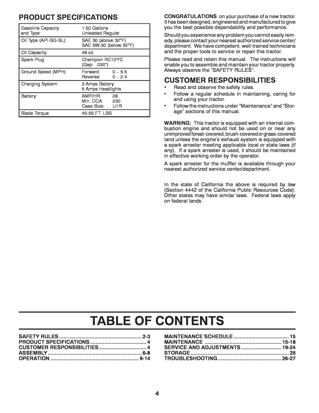 McCulloch M19542H manual Table Of Contents, Product Specifications, Customer Responsibilities, 9-14, 15-18, 19-24, 26-27 