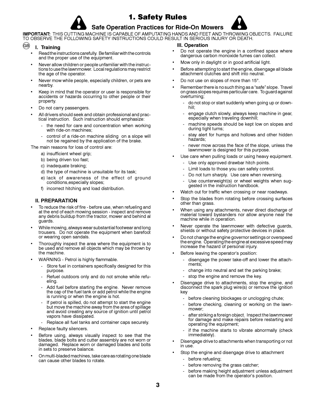 McCulloch M200117H manual Safety Rules, Training, II. Preparation, III. Operation 