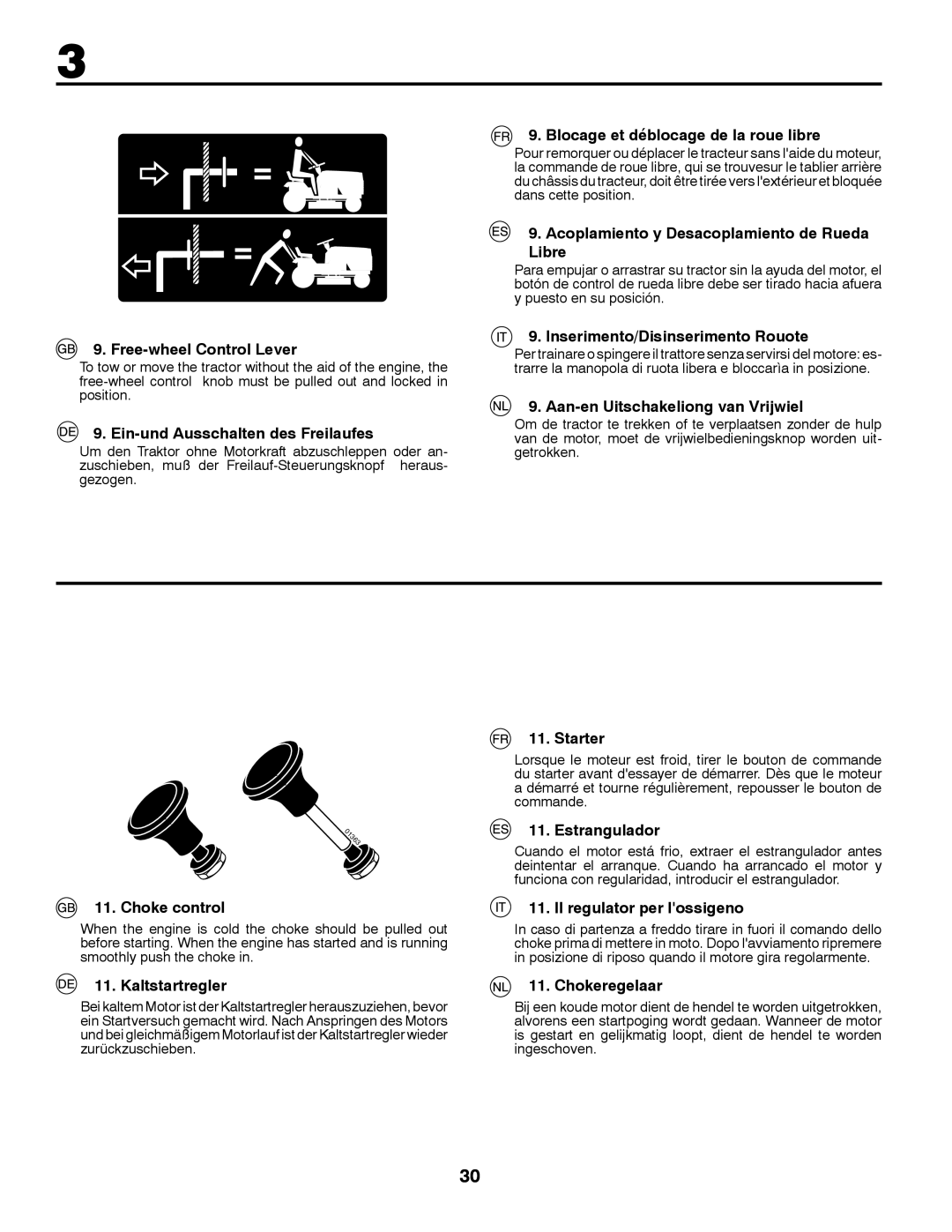 McCulloch M200117H manual Blocage et déblocage de la roue libre, Acoplamiento y Desacoplamiento de Rueda Libre, Starter 