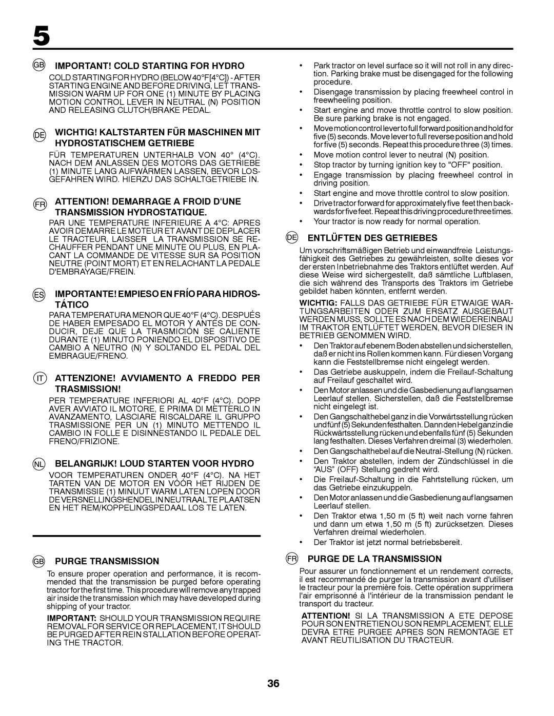 McCulloch M200117H IMPORTANT! Cold Starting for Hydro, IMPORTANTE! Empieso EN Frío Para HIDROS- Tático, Purge Transmission 