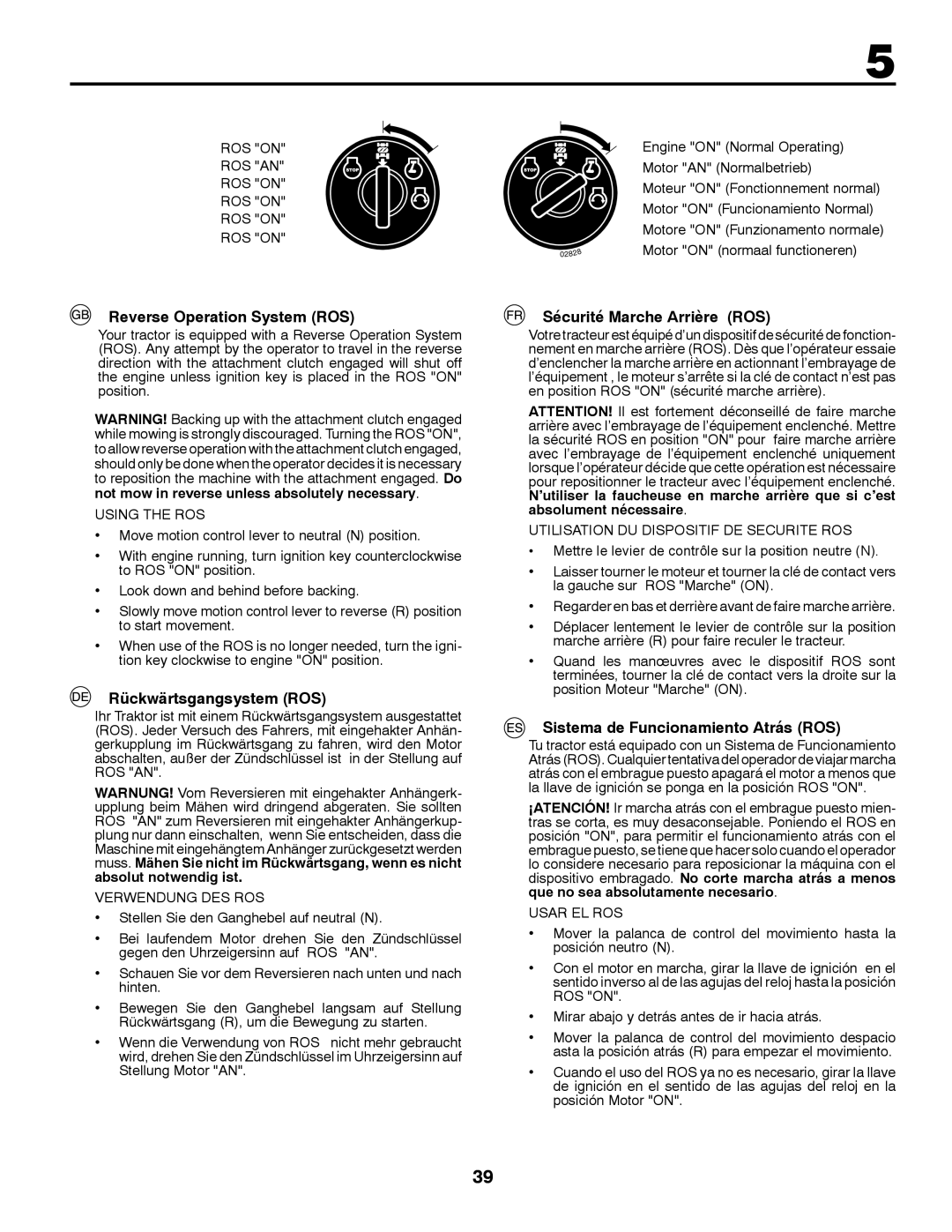 McCulloch M200117H manual Reverse Operation System ROS, Rückwärtsgangsystem ROS, Sécurité Marche Arrière ROS 