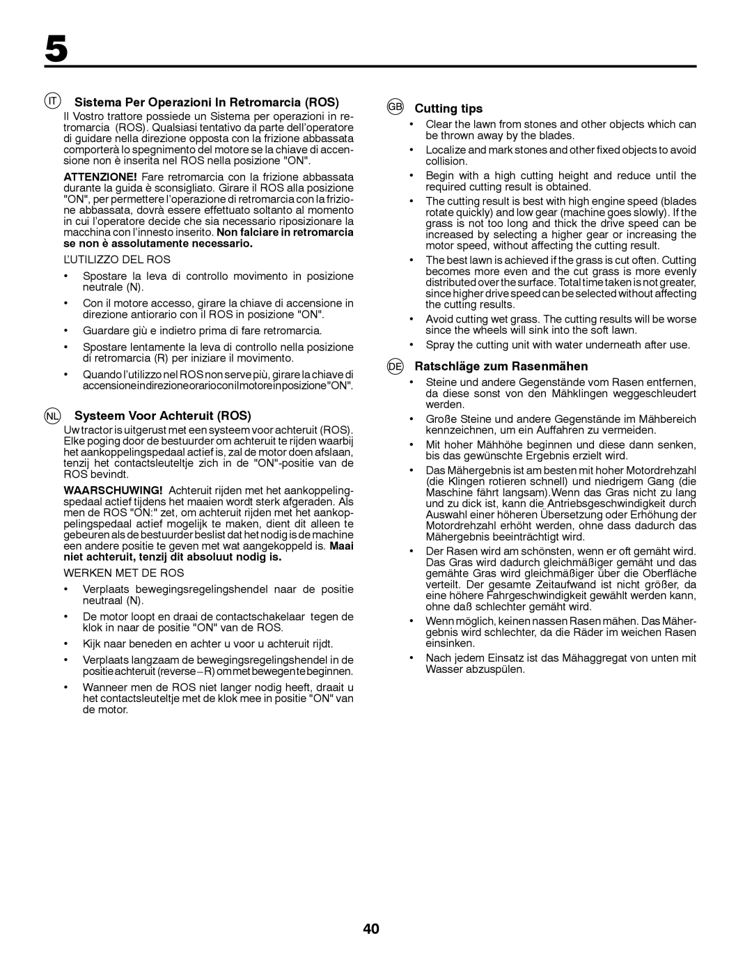 McCulloch M200117H manual Sistema Per Operazioni In Retromarcia ROS, Systeem Voor Achteruit ROS, Cutting tips 