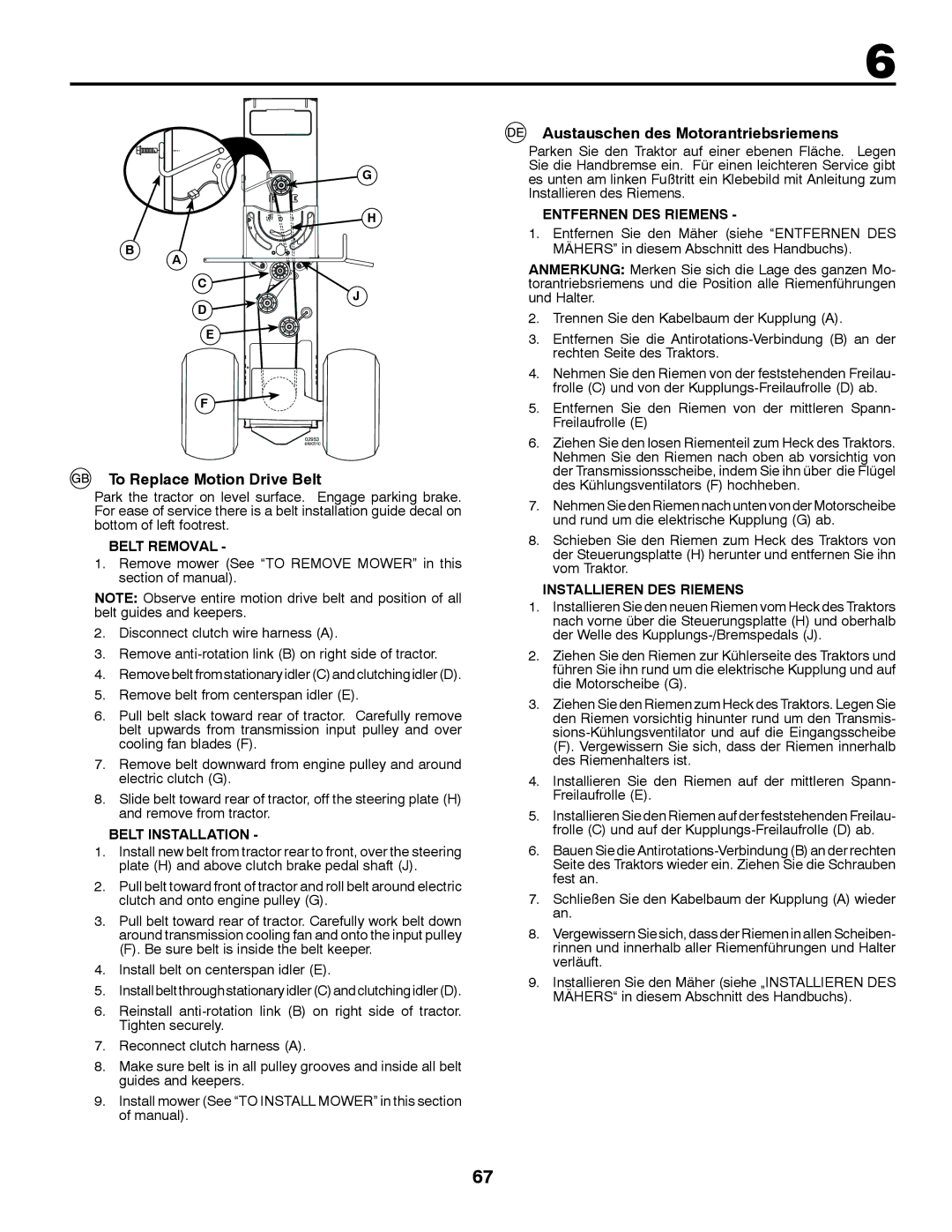 McCulloch M200117H manual Austauschen des Motorantriebsriemens, To Replace Motion Drive Belt 