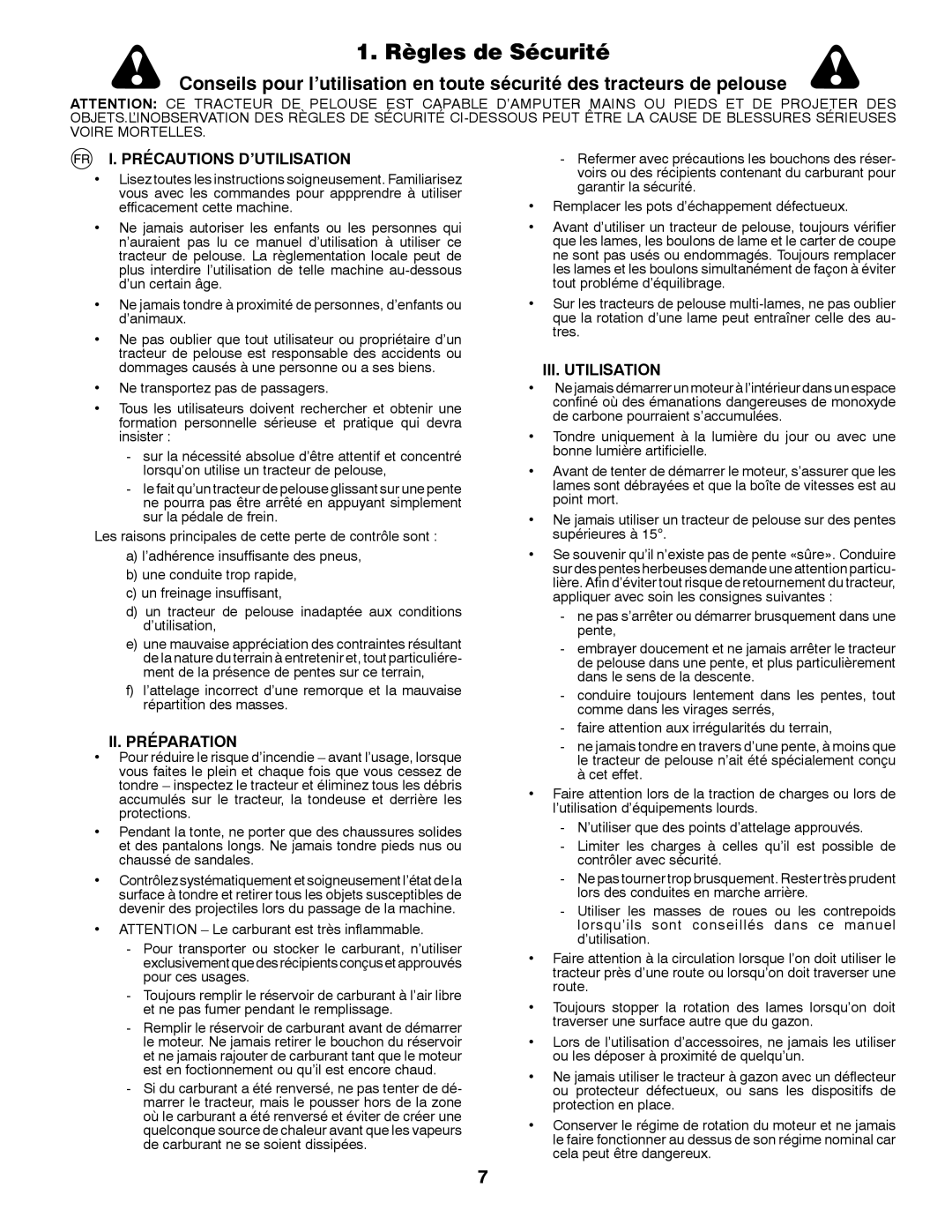 McCulloch M200117H manual Règles de Sécurité, Précautions D’UTILISATION, II. Préparation, III. Utilisation 