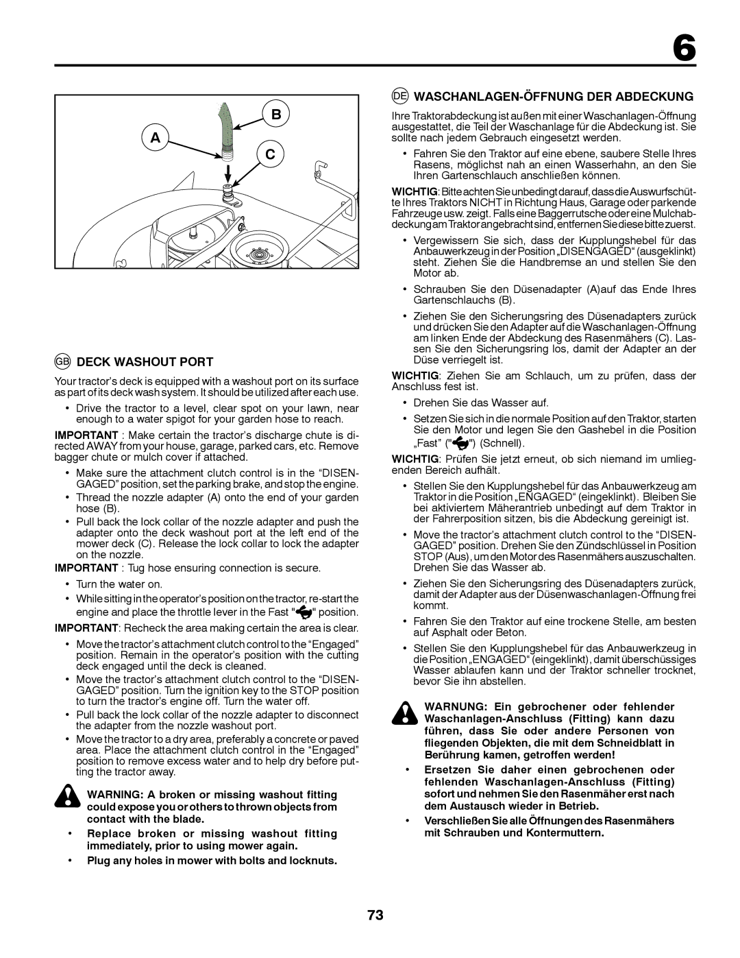 McCulloch M200117H manual Deck Washout Port, WASCHANLAGEN-ÖFFNUNG DER Abdeckung 