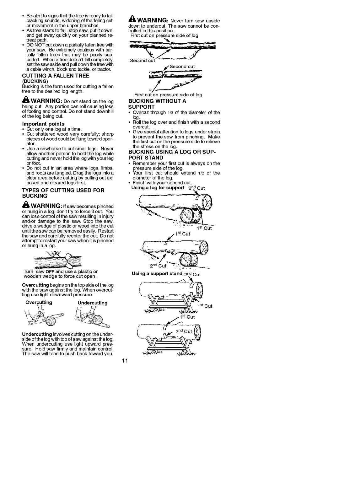 McCulloch M3616 Cutting a Fallen Tree, Important points, Types of Cutting Used for Bucking, Bucking Without a Support 