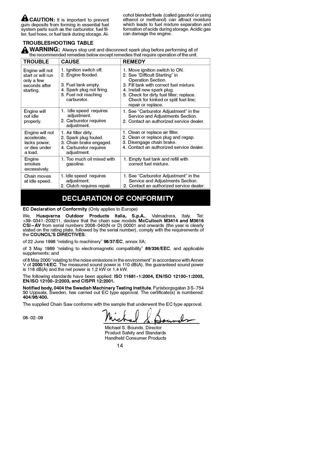 McCulloch M3414, M3616 Declaration of Conformity, Troubleshooting Table Cause Remedy, Load Adjustment Engine 