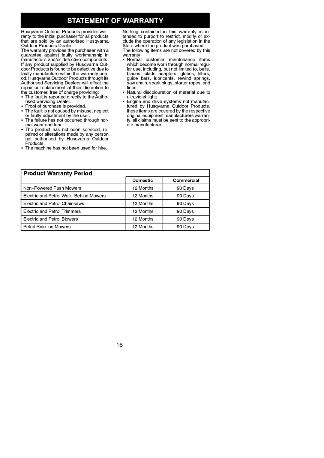 McCulloch M3414, M3616 instruction manual Statement of Warranty, Domestic Commercial 