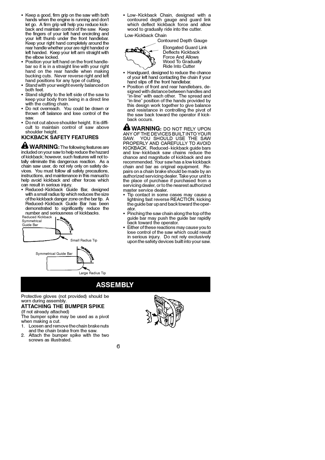 McCulloch M3414, M3616 instruction manual Assembly, Kickback Safety Features, Attaching the Bumper Spike 