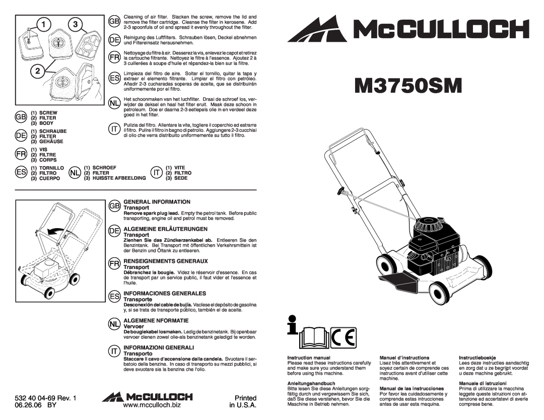 McCulloch M3750SM instruction manual 532 40 04-69 Rev, Printed, 06.26.06 BY, in U.S.A 