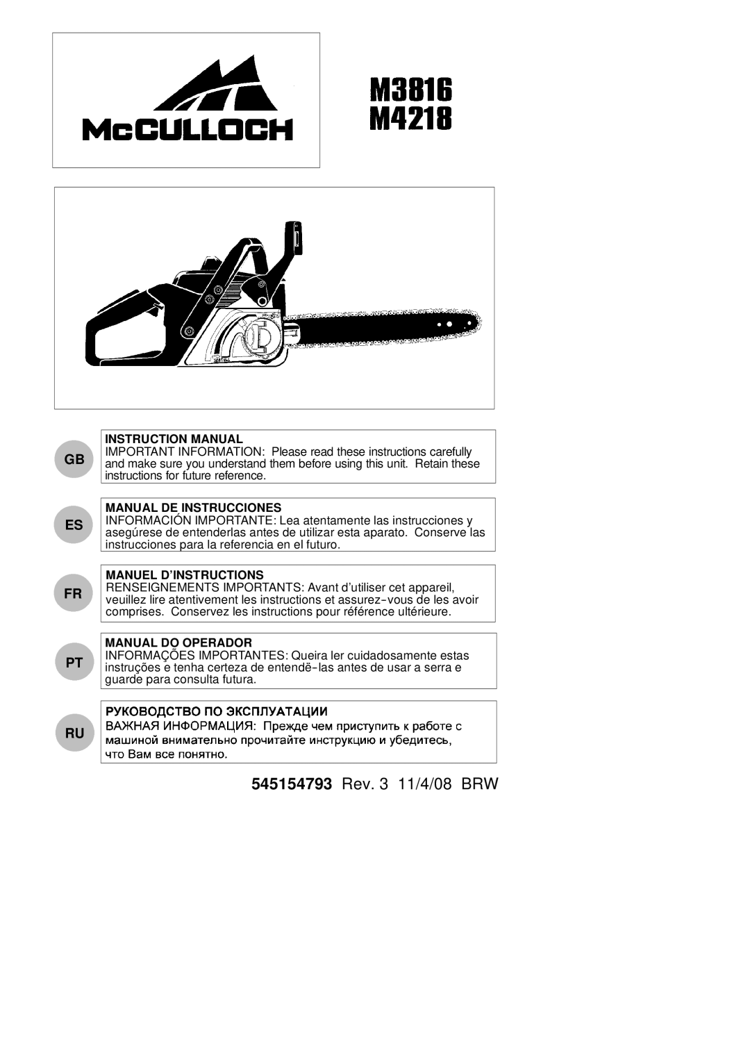 McCulloch M4218, M3816 instruction manual Manual DE Instrucciones, Manuel D’INSTRUCTIONS, Manual do Operador 