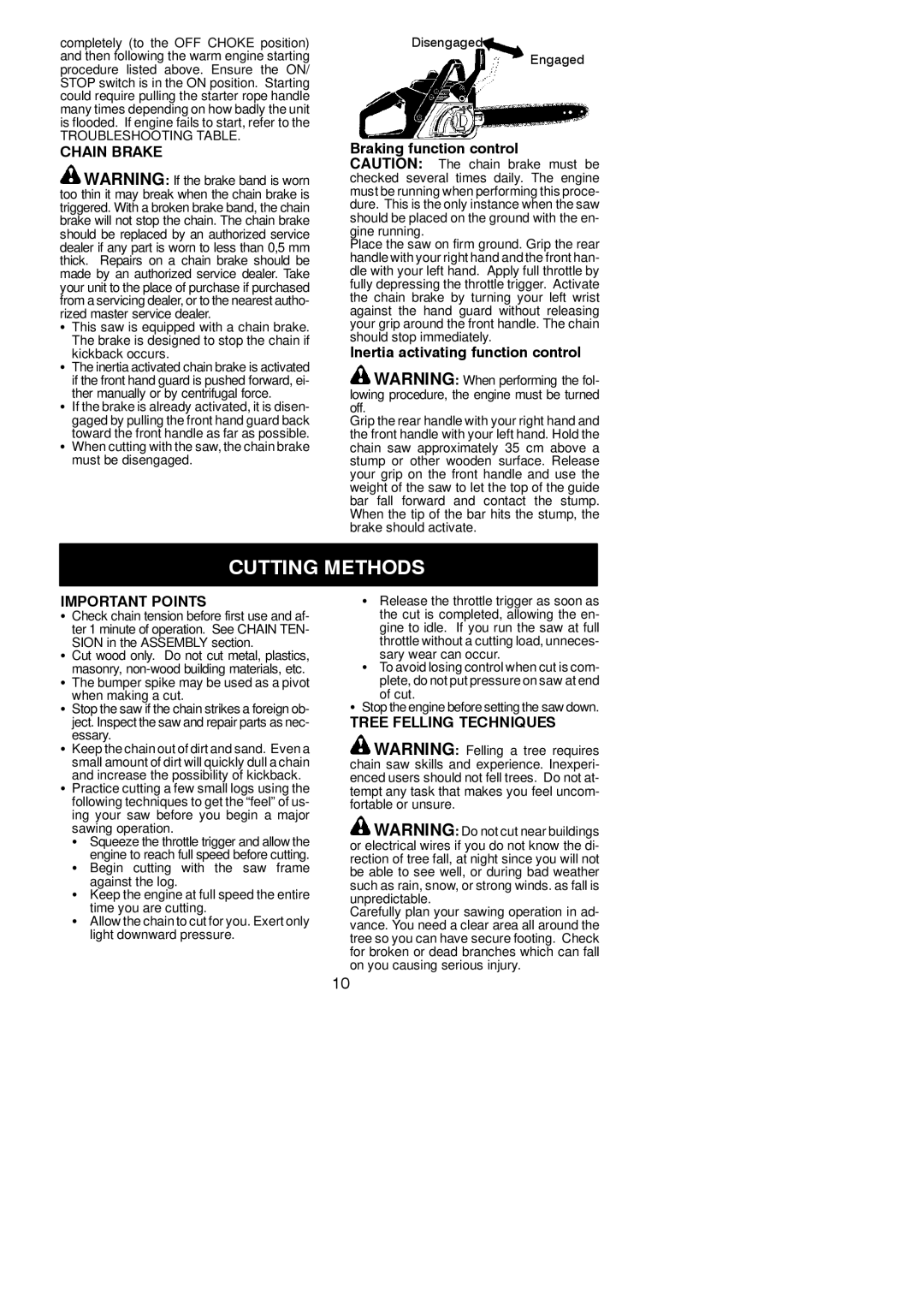 McCulloch M3816, M4218 instruction manual Cutting Methods, Chain Brake, Important Points, Tree Felling Techniques 