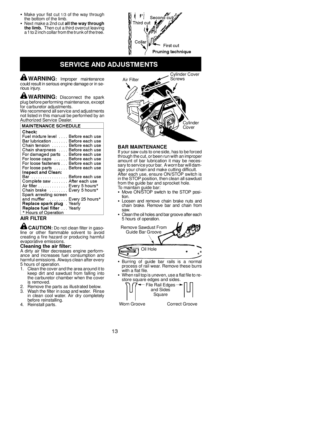 McCulloch M4218, M3816 Service and Adjustments, AIR Filter, Cleaning the air filter, BAR Maintenance, Worn Groove 