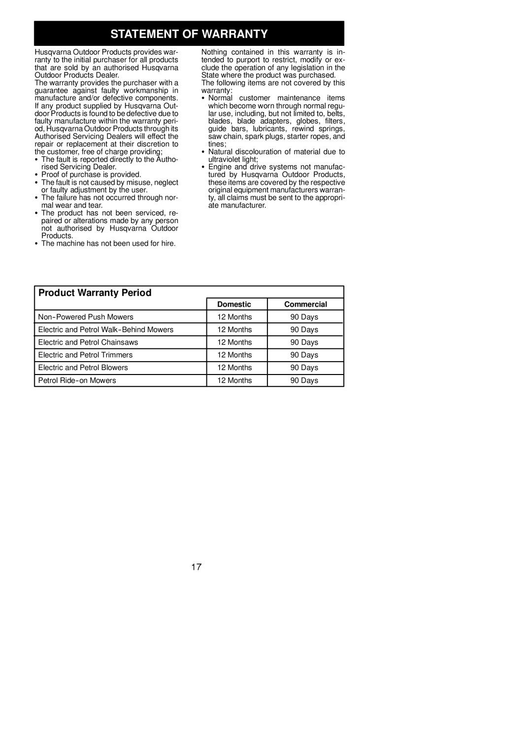 McCulloch M4218, M3816 instruction manual Statement of Warranty 