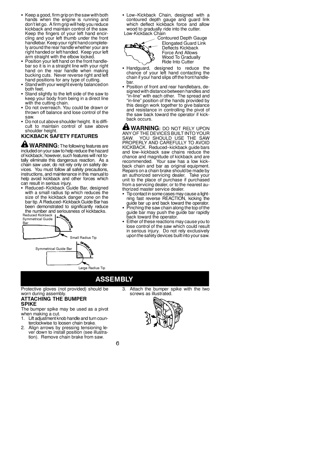 McCulloch M3816, M4218 instruction manual Assembly, Kickback Safety Features, Attaching the Bumper Spike 