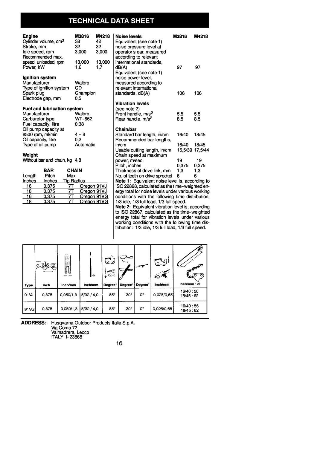 McCulloch M3816, M4218 instruction manual Technical Data Sheet, 91VJ 0,375 0,050/1,3 5/32 / 4,0 85 30 0 0,025/0,65 18/45 