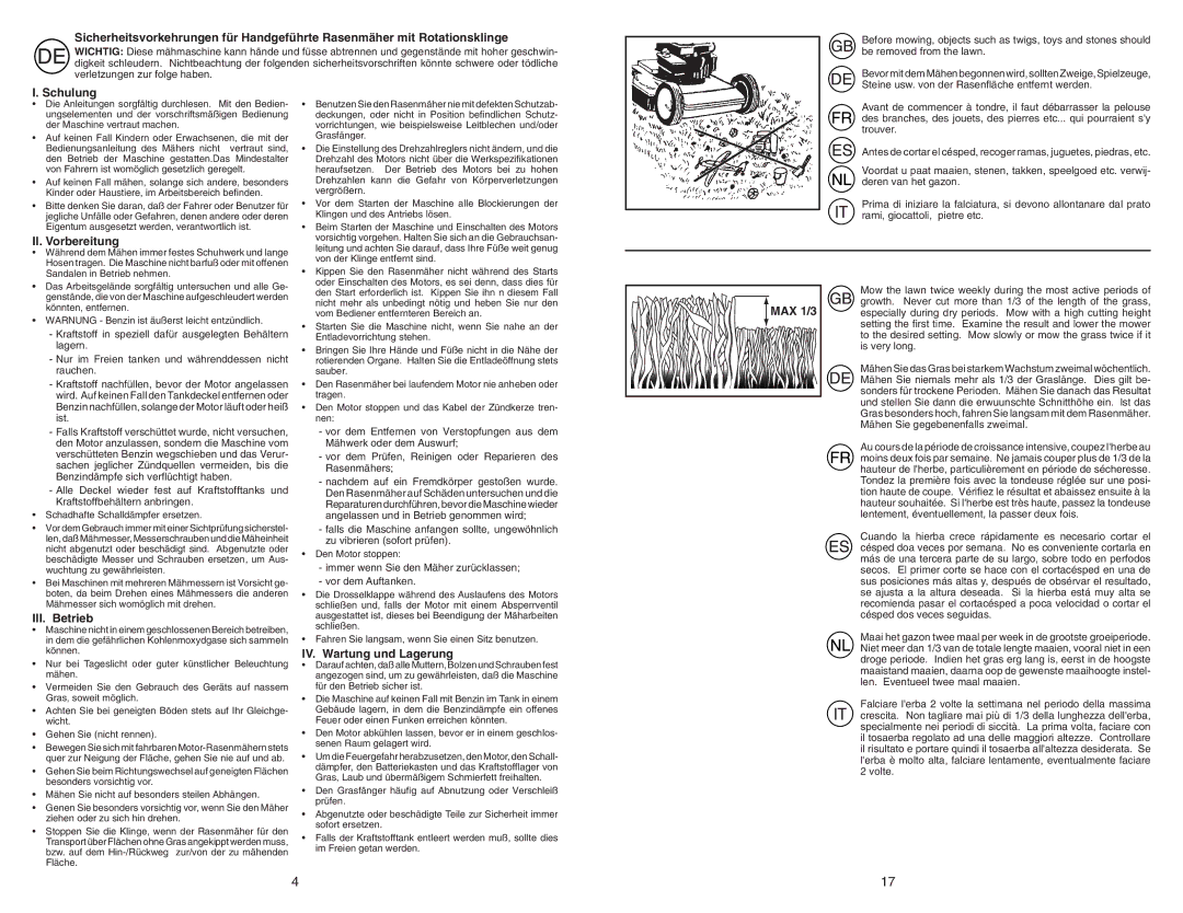 McCulloch M4053CM instruction manual Schulung, II. Vorbereitung, III. Betrieb, IV. Wartung und Lagerung, MAX 1/3 