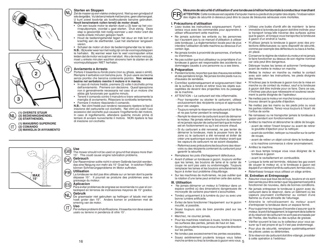 McCulloch M4053CM Starten en Stoppen, Avviamento e Arresto, Précautions d’utilisation, II. Préparation, MAX Use, Gebrauch 