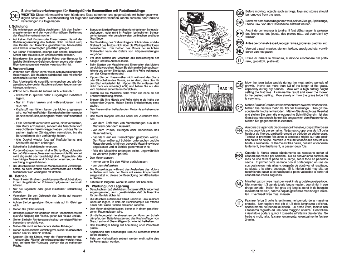 McCulloch M4053CM instruction manual I. Schulung, II. Vorbereitung, III. Betrieb, IV. Wartung und Lagerung, MAX 1/3 