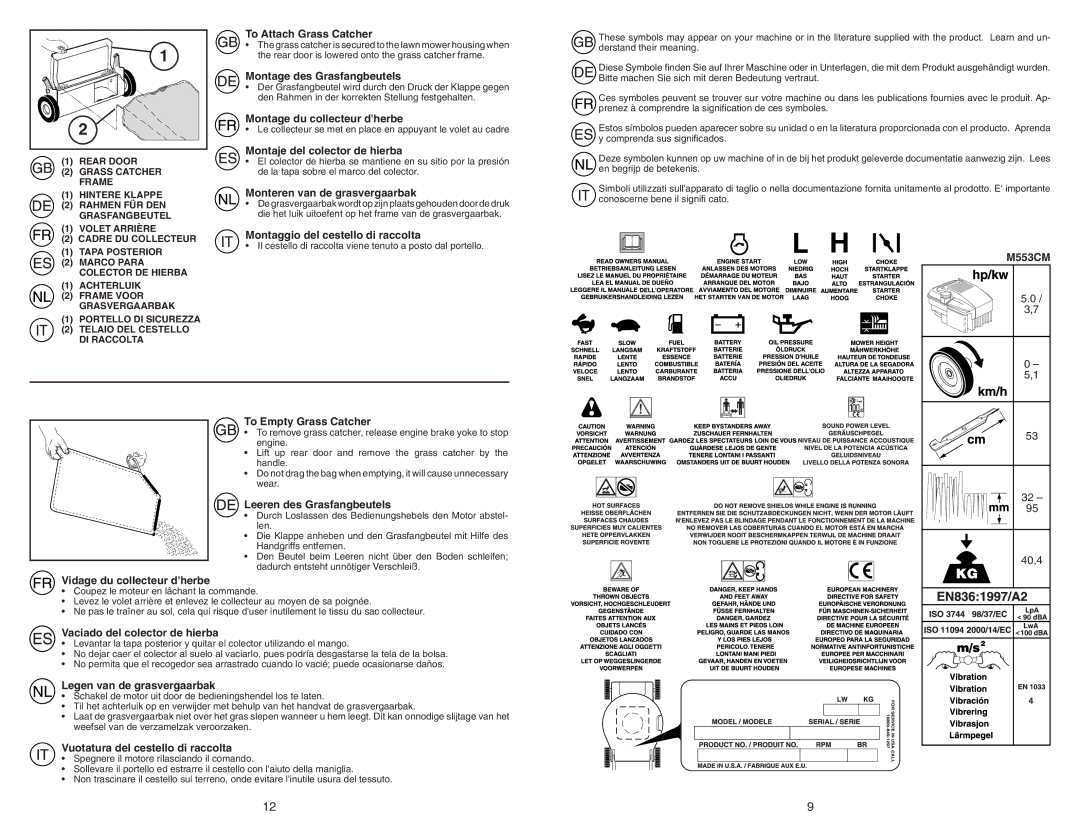 McCulloch M553CM instruction manual To Attach Grass Catcher, Montage des Grasfangbeutels, Montage du collecteur dherbe 