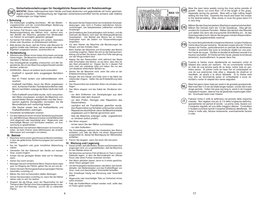 McCulloch M553CME instruction manual MAX 1/3, Schulung, II. Vorbereitung, III. Betrieb, IV. Wartung und Lagerung 