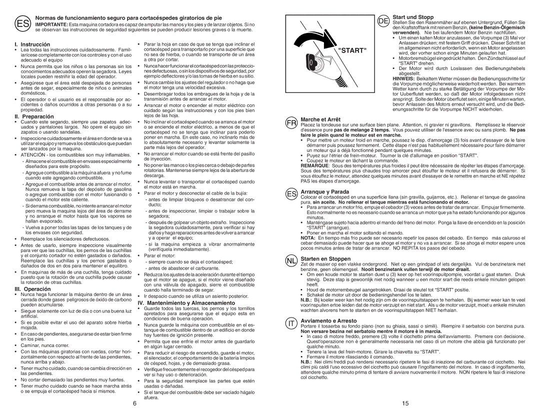 McCulloch M553CME Start und Stopp, Instrucción, II. Preparación, III. Operación, IV. Mantenimiento y Almacenamiento 