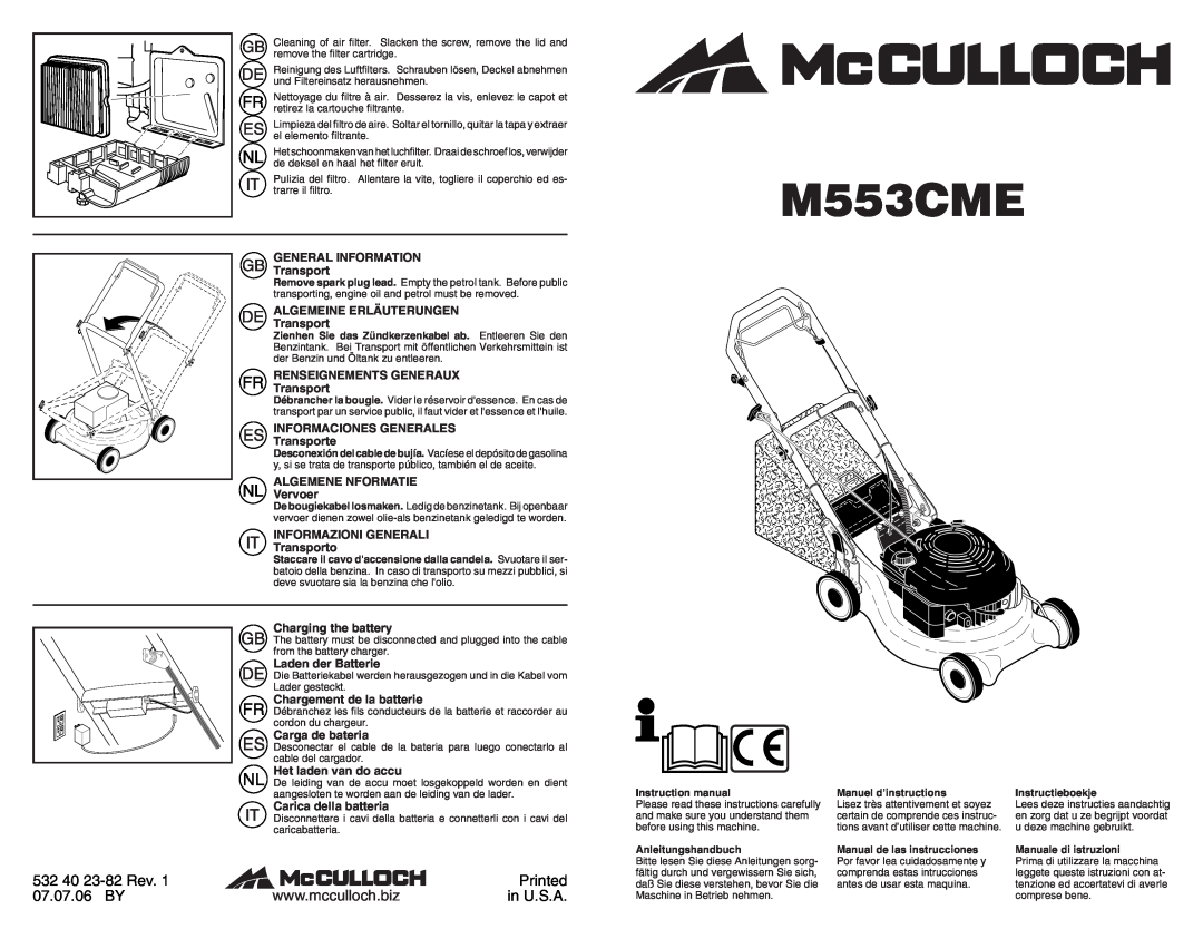 McCulloch M553CME instruction manual 532 40 23-82 Rev, Printed, 07.07.06 BY, in U.S.A 