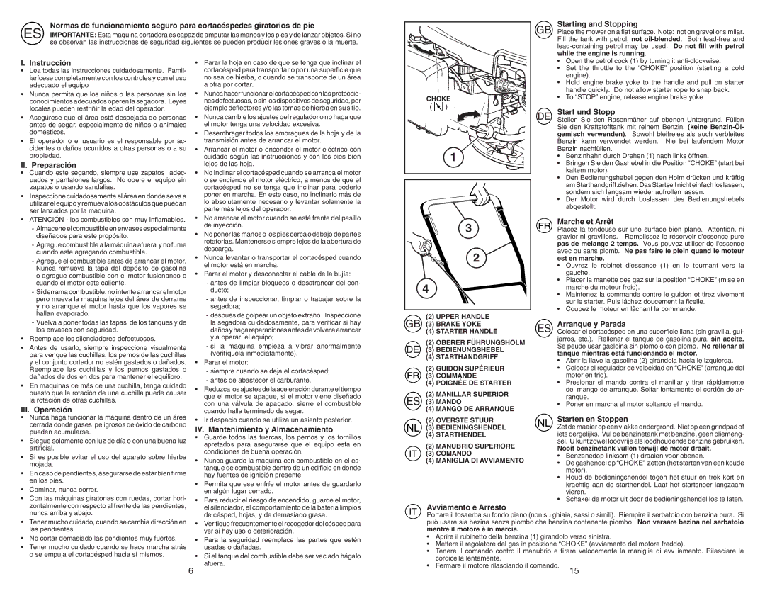 McCulloch M5553D Starting and Stopping, Instrucción, II. Preparación, III. Operación, IV. Mantenimiento y Almacenamiento 