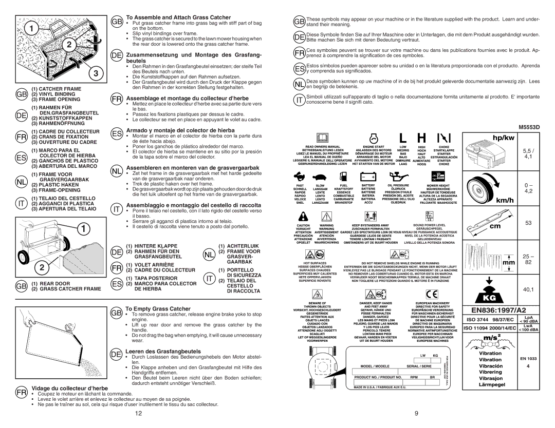 McCulloch M5553D instruction manual To Assemble and Attach Grass Catcher, Zusammensetzung und Montage des Grasfang- beutels 