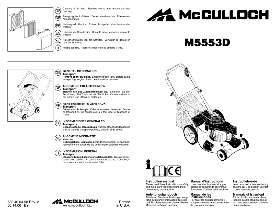 McCulloch M5553D instruction manual 532 40 04-98 Rev, Printed, 06.14.06 BY, in U.S.A, Instruction manual, Instructieboekje 