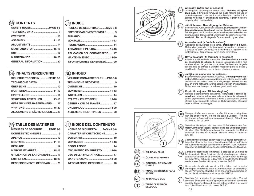 McCulloch M55H53FD manual Contents Indice 