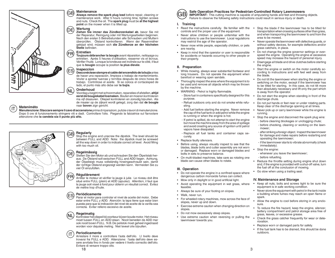 McCulloch M55H53FD Maintenance, Wartung, Entretien, Inspeccion, Onderhoud, Mateniméto, Regularly, Regelmässig, Regelmatig 