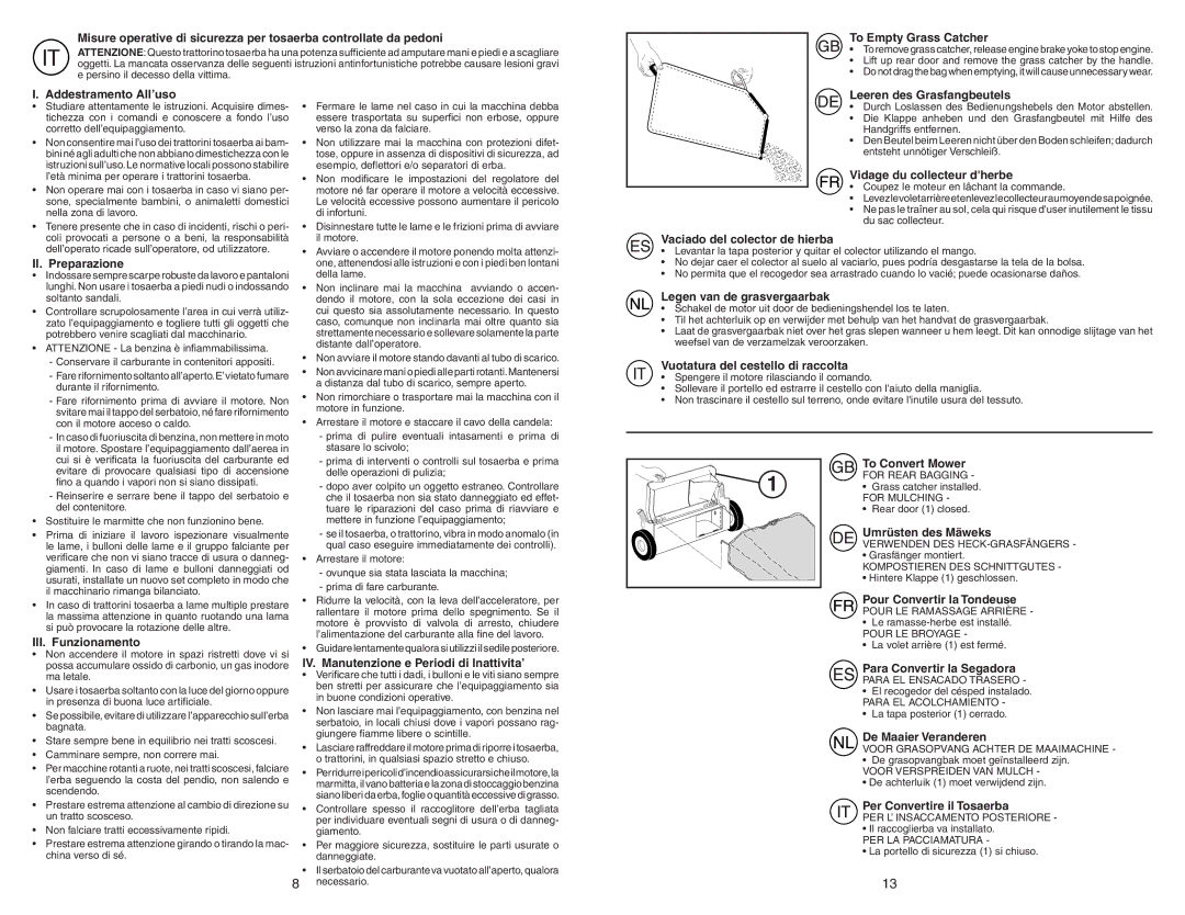 McCulloch M55H53FD To Empty Grass Catcher, Addestramento All’uso, II. Preparazione, III. Funzionamento, To Convert Mower 