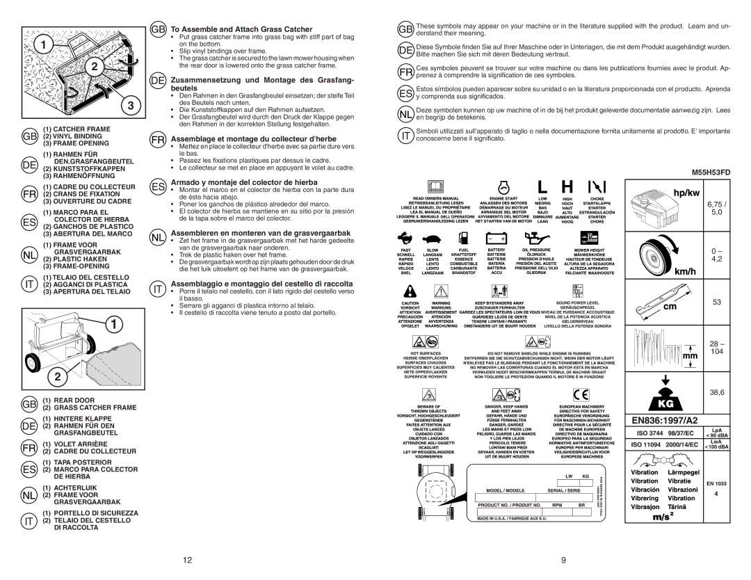 McCulloch M55H53FD manual To Assemble and Attach Grass Catcher, Zusammensetzung und Montage des Grasfang- beutels 