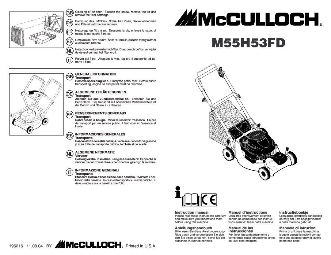 McCulloch M55H53FD manual 195216 11.08.04 BY, Manuel d’instructions, Instructieboekje, Anleitungshandbuch 