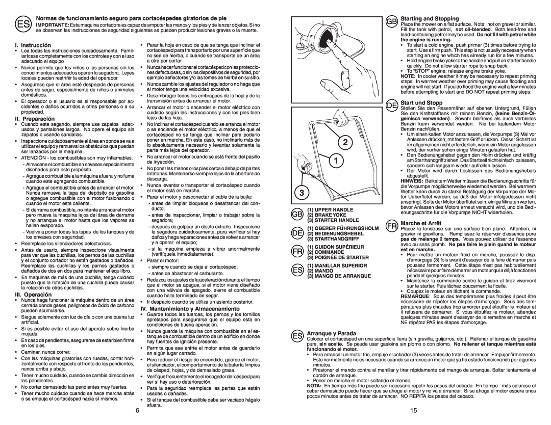 McCulloch M55H53FD manual Normas de funcionamiento seguro para cortacéspedes giratorios de pie, Starting and Stopping 