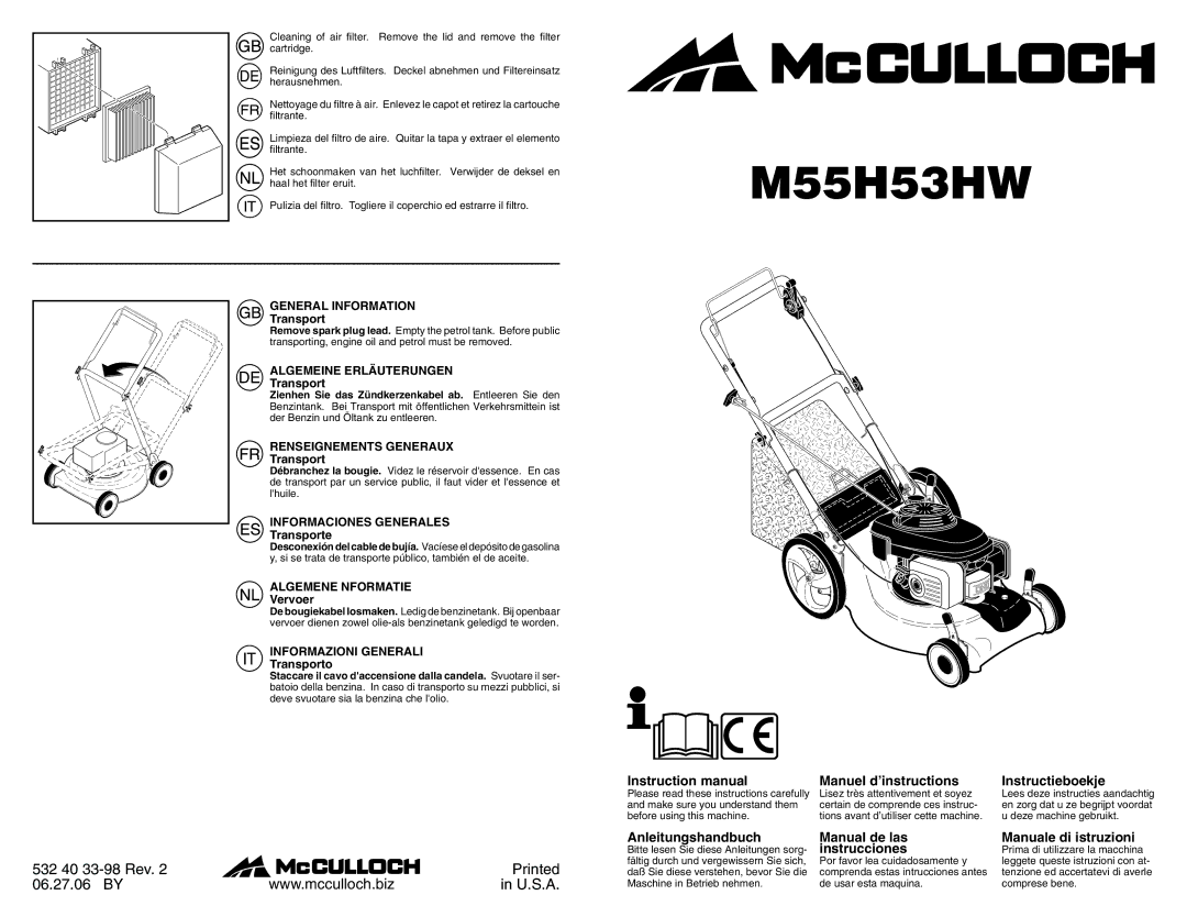 McCulloch M55H53HW instruction manual General Information, Algemeine Erläuterungen, Renseignements Generaux 