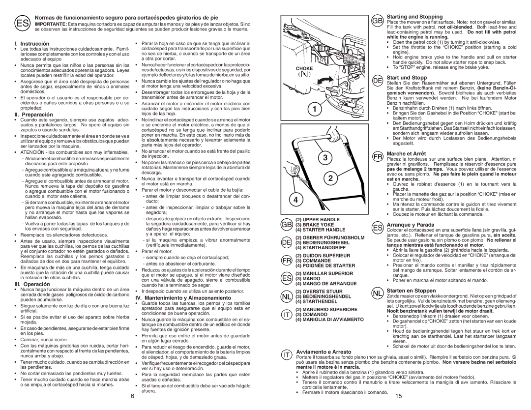 McCulloch M55H53HW Starting and Stopping, Instrucción, II. Preparación, III. Operación, IV. Mantenimiento y Almacenamiento 