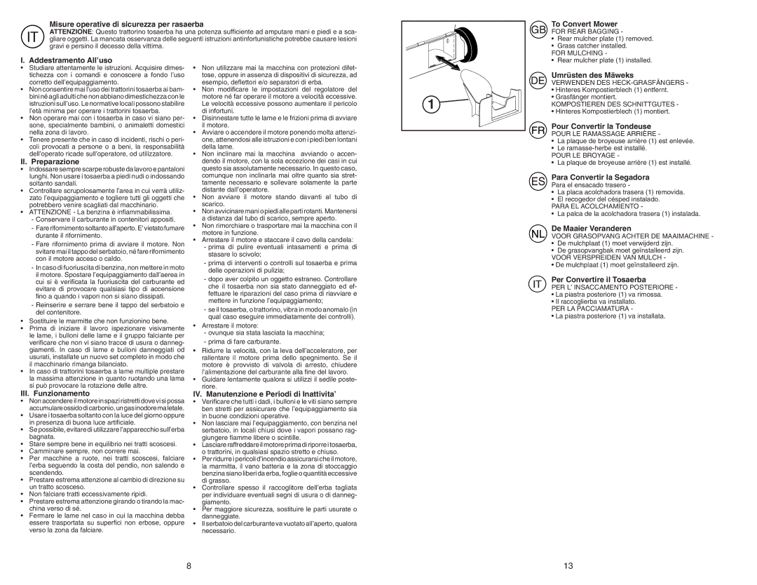 McCulloch M55H53RD Misure operative di sicurezza per rasaerba, To Convert Mower, Addestramento All’uso, II. Preparazione 