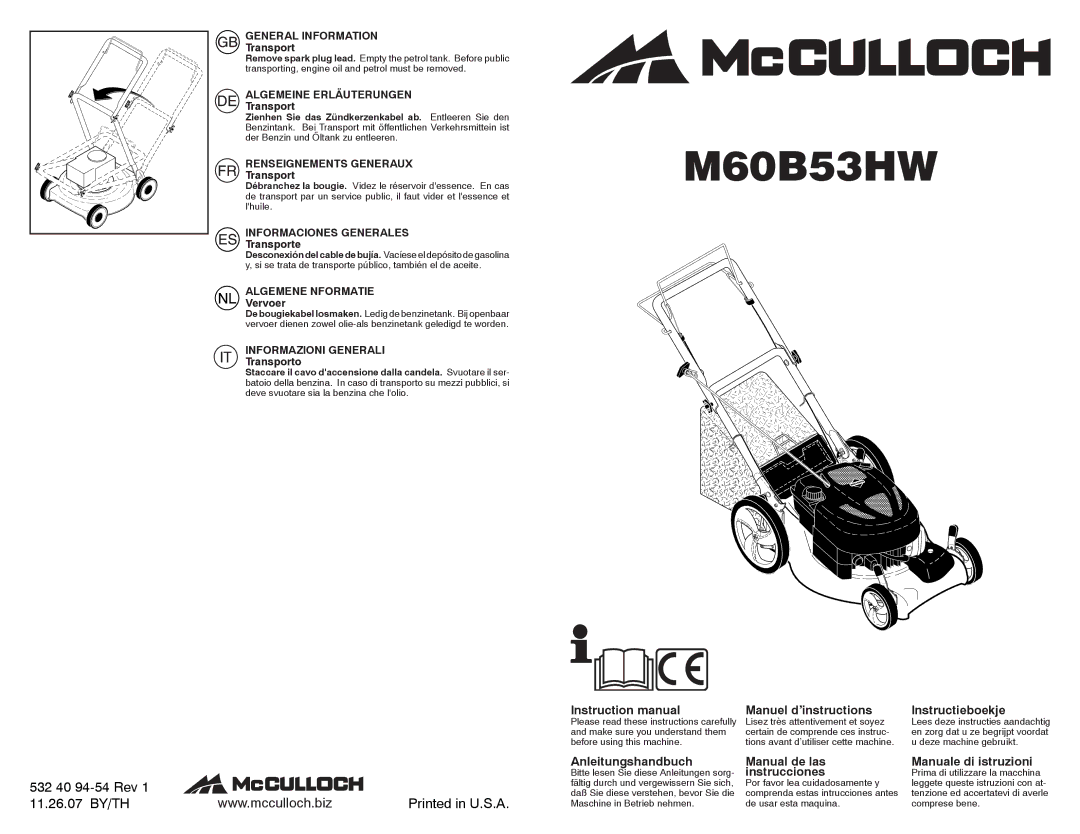 McCulloch 96141014103, M60B53HW instruction manual General Information, Algemeine Erläuterungen, Renseignements Generaux 