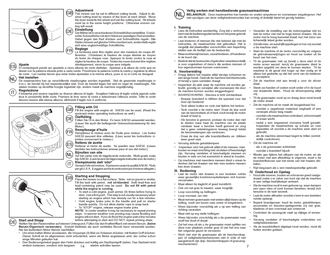 McCulloch 96141014103 Adjustment, Veilig werken met handbediende grasmaaimachines, Einstellung, Reglage, Het instellen 