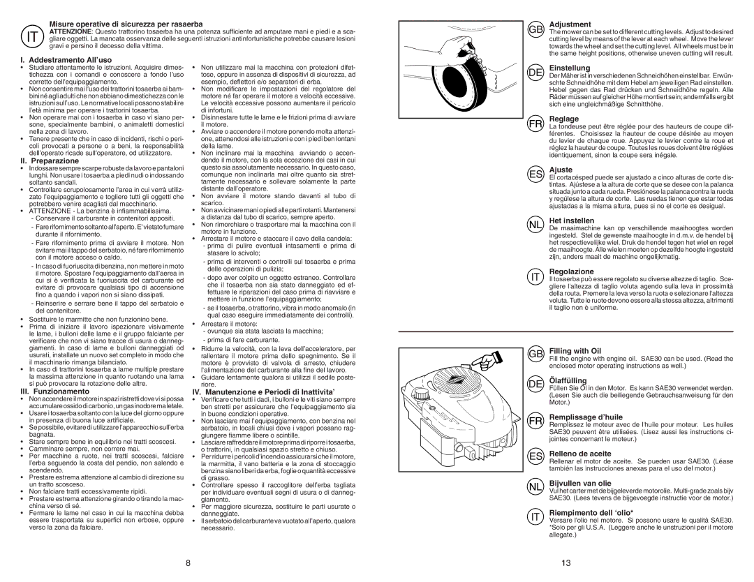 McCulloch M6553CMD Misure operative di sicurezza per rasaerba, Adjustment, Addestramento All’uso, II. Preparazione, Ajuste 