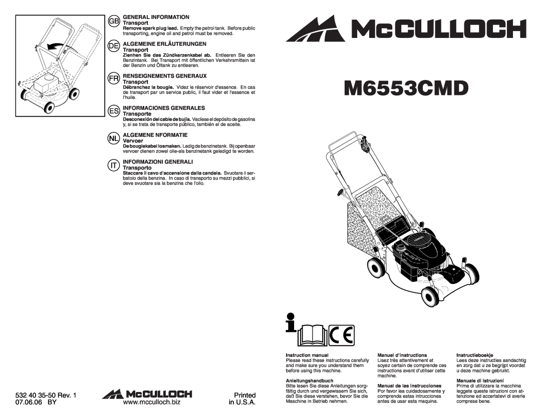 McCulloch M6553CMD instruction manual 532 40 35-50 Rev, 07.06.06 BY, in U.S.A 