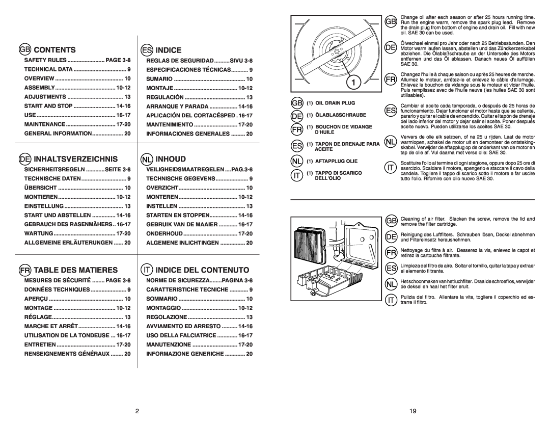 McCulloch M6553CMD instruction manual Contents, Inhaltsverzeichnis, Inhoud, Table Des Matieres, Indice Del Contenuto 