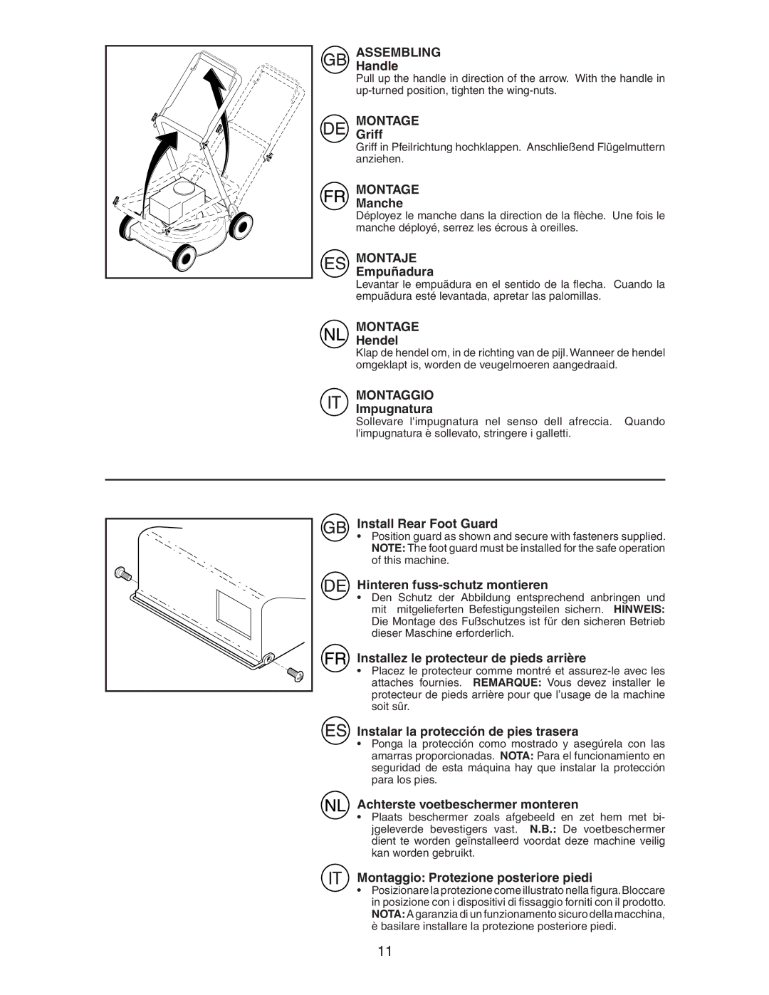 McCulloch M6553D instruction manual Handle, Griff, Manche, Empuñadura, Hendel, Impugnatura, Install Rear Foot Guard 